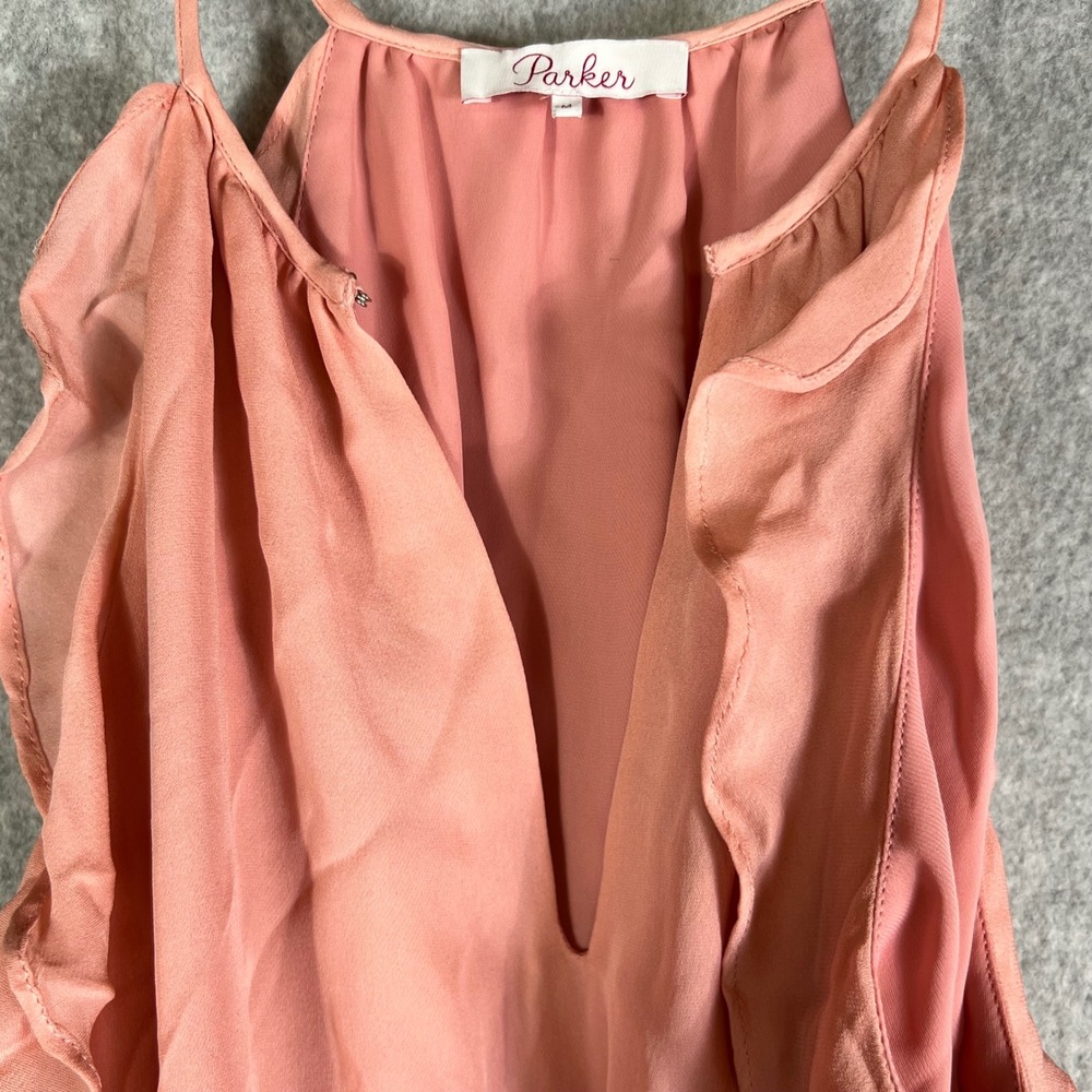 Parker New York M Pink Silk Halter Mini Dress Smocked‎ Waist Ruffle Resortwear - Picture 9 of 10